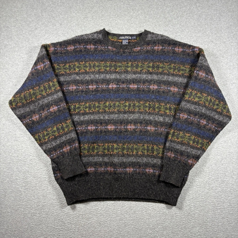 Nautica 100% Wool Fair Isle Sweater Mens M Shaggy Knit Crewneck Vintage 90s